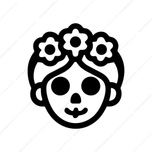 Outline Simple Skull Girl with Flowers Decoration Icon