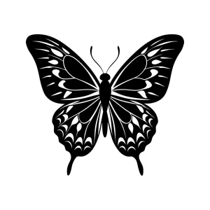 Detailed Black and White Butterfly Silhouette with Intricate Wing Patterns Illustration
