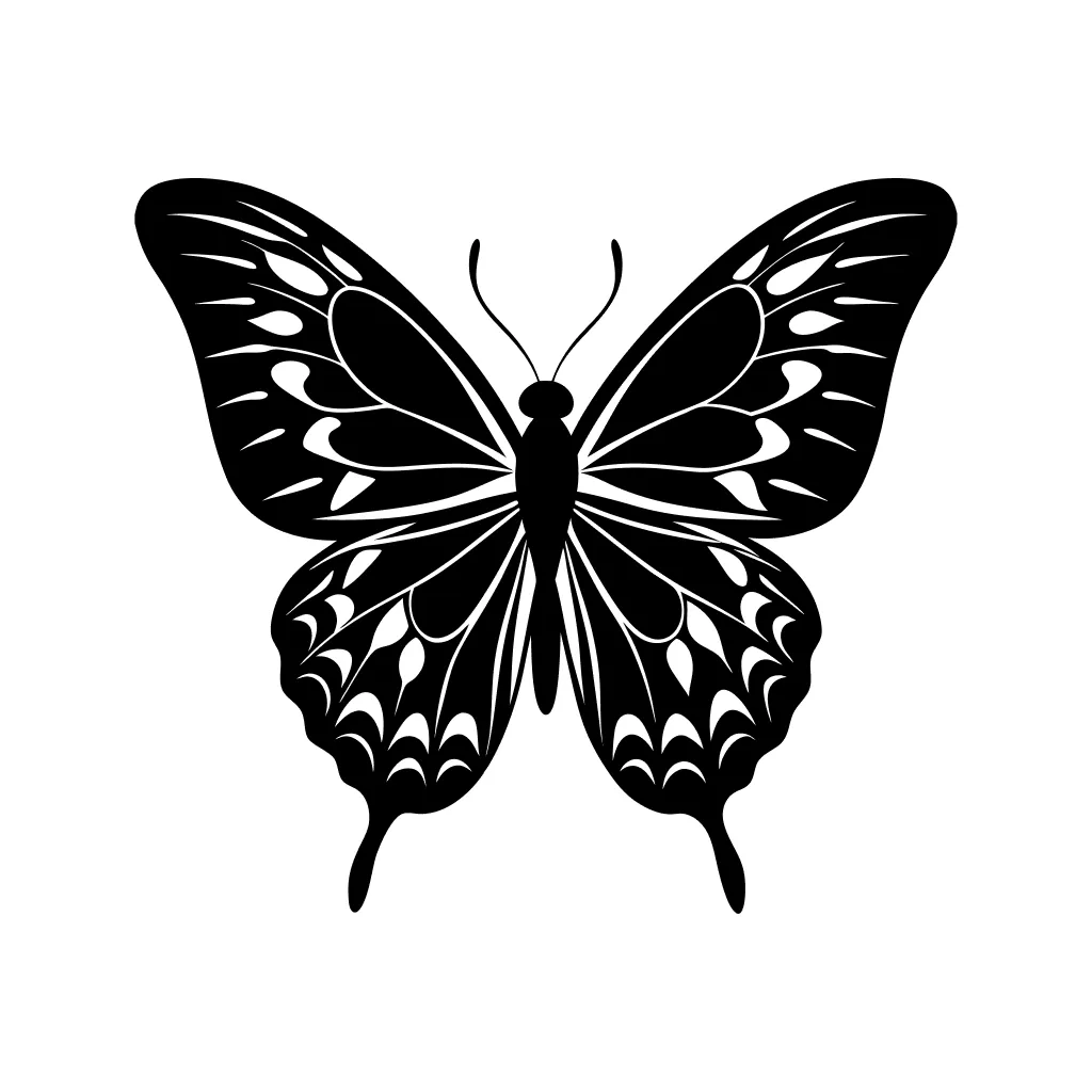 Detailed Black and White Butterfly Silhouette with Intricate Wing Patterns Illustration