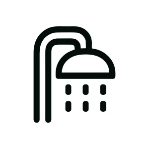 Simple Outline Black Shower Head with Water Drops Icon Symbol
