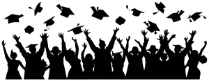 Silhouette Celebrating Graduation Ceremony Student Crowd Throwing Caps