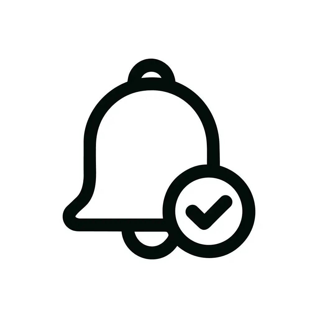 Simple Outline Bell with Checkmark Notification Icon Symbol