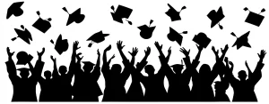 Silhouette Cheerful Graduation Celebration Crowd Throwing Mortarboard Hats