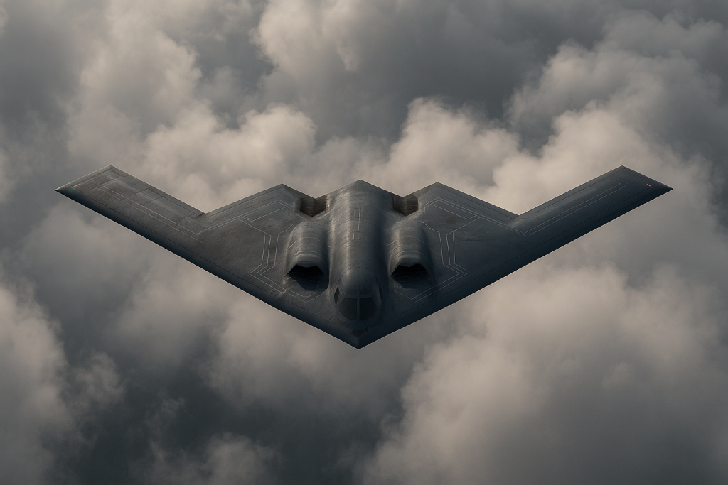 Aerial Detailed View of Stealth B2 Bomber Over the Ocean Landscape