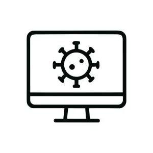 Line Art Computer Screen Displaying Virus Icon Representing Pandemic Situation
