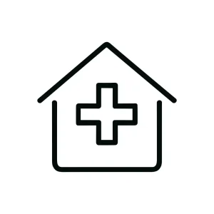 Simple Outline House with Plus Sign Icon Indicating Medical Building