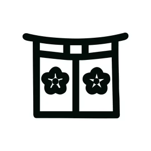 Minimalist Line Art Japanese Noren Curtain Entrance with Floral Emblem Icon