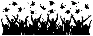 Silhouette Crowd Celebrating Graduation Ceremony with Tossed Caps