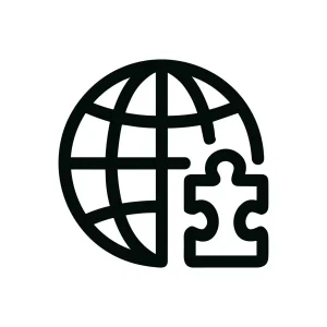 Minimalist Outline Globe Puzzle Piece Icon Symbol for International Business