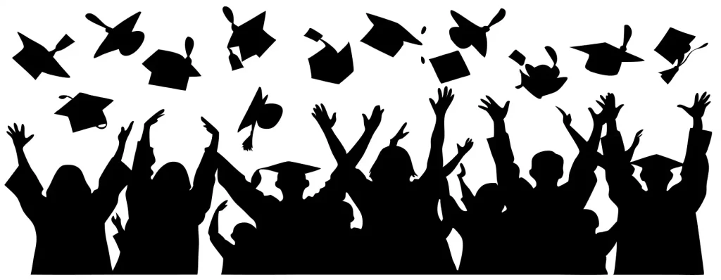 Silhouette Cheerful Graduates Throwing Graduation Caps Celebration Education