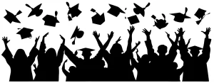 Silhouette Cheerful Graduates Throwing Graduation Caps Celebration Education